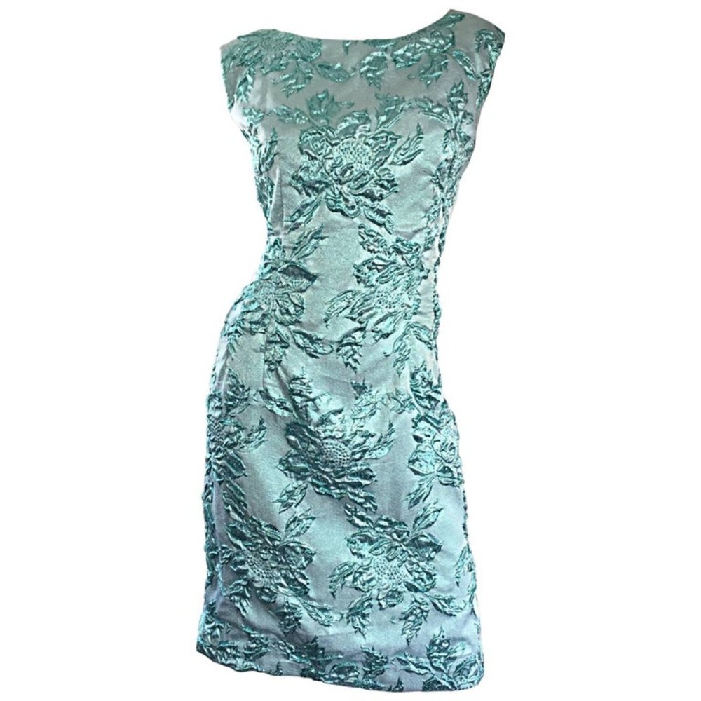 Retro Chic Light Blue Silk Metallic Lurex Teal Embroidered